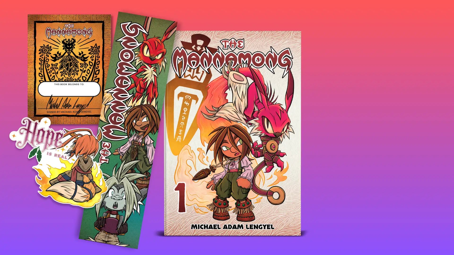 Comic book titled 'The Mannamong' with character illustrations on a gradient background